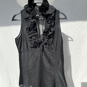Zara (M) cotton-silk blend sleeveless summer top with ruffled neck, in black.